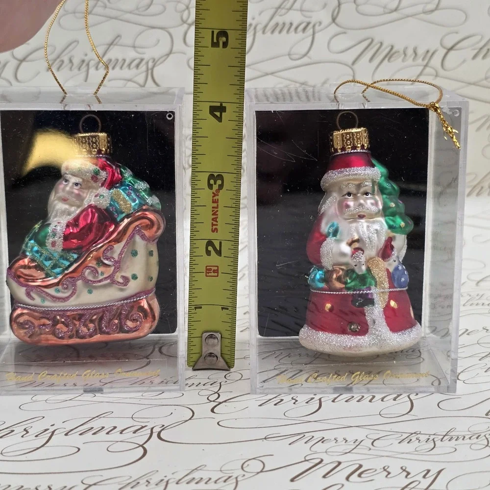 3 Unique Treasures Santa Ornaments Blown Glass Gifts Sleigh Toys Vintage NIB NOS